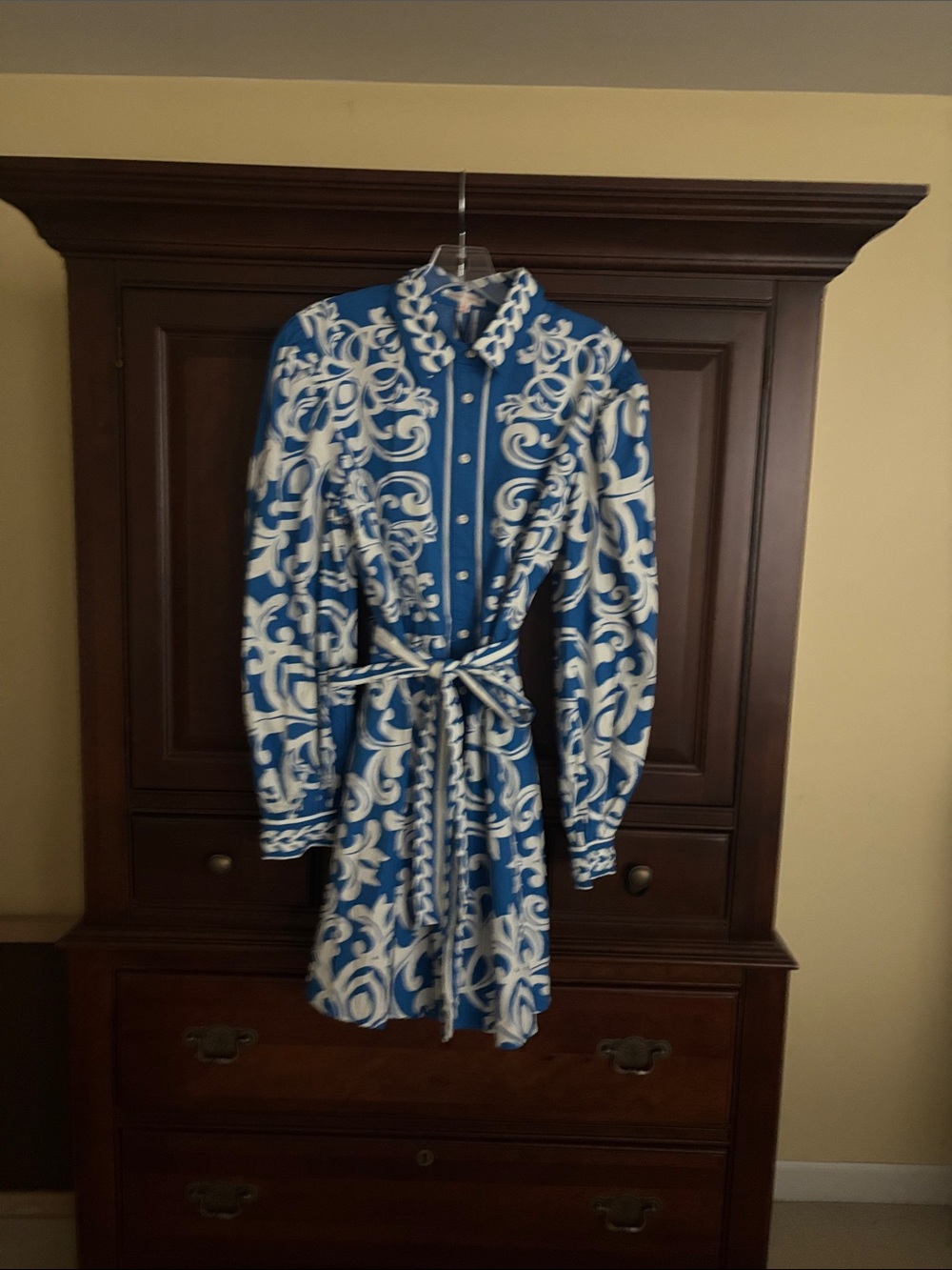 Flying Tomato Blue and White Scroll-Print Shirt Dress